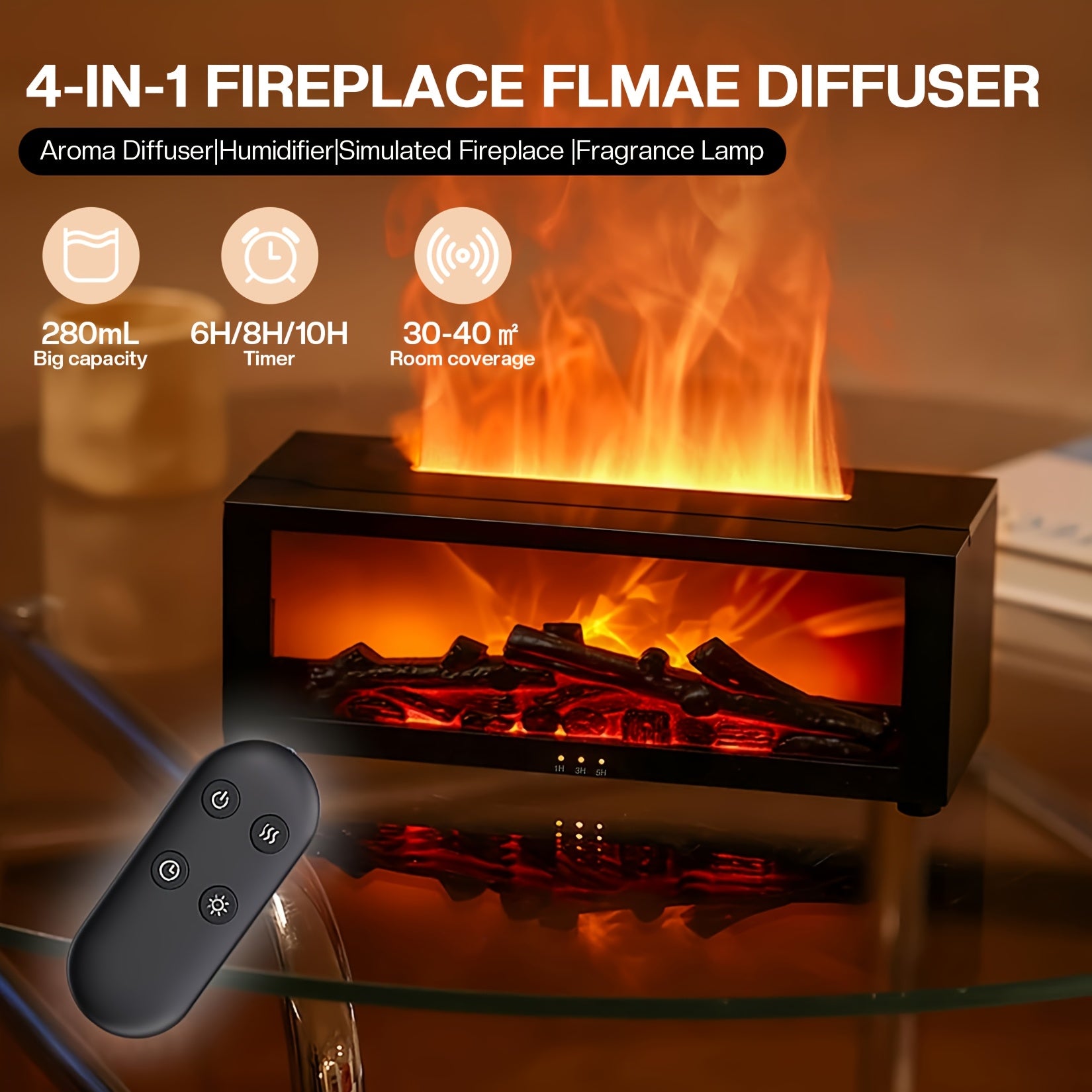USB Powered Flame Aromatherapy Diffuser, Cool Mist Humidifier, Fireplace Essential Oil Diffuser with 7 Color Ambient Lights, Auto Shut-Off, Ideal Fragrance for Home, Office, Bedroom, Perfect Gift for Mothers' Day